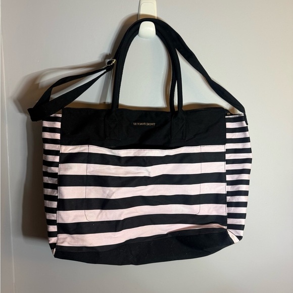 Victoria's Secret Handbags - Victoria’s Secret Black & Pink Stripe Weekender Tote Bag
